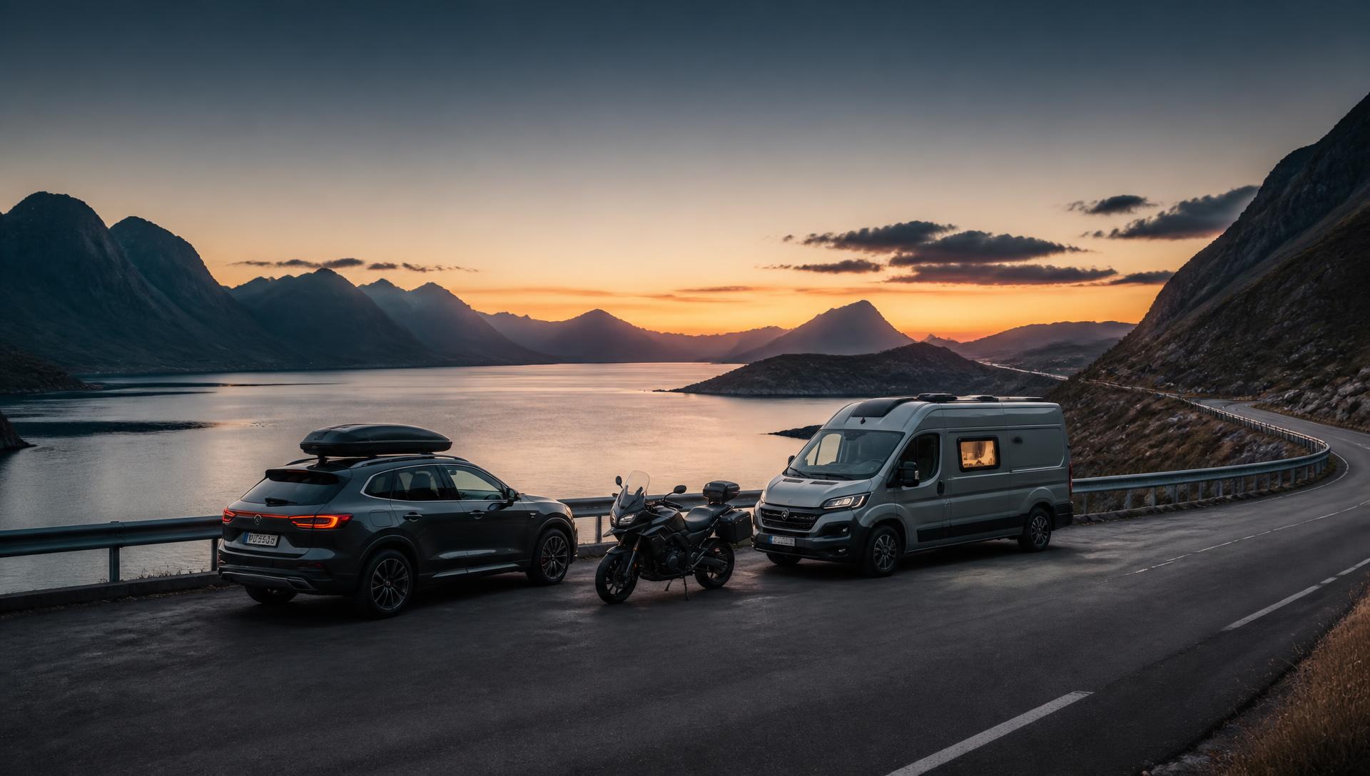 Crossover SUV, adventure motorcycle and campervan parked at a coastal mountain overlook at dusk