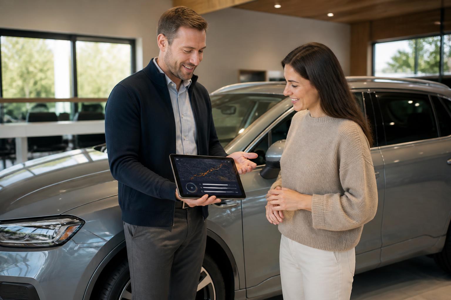 Dealer samochodowy prezentujący AutoVere klientowi podczas wydania auta